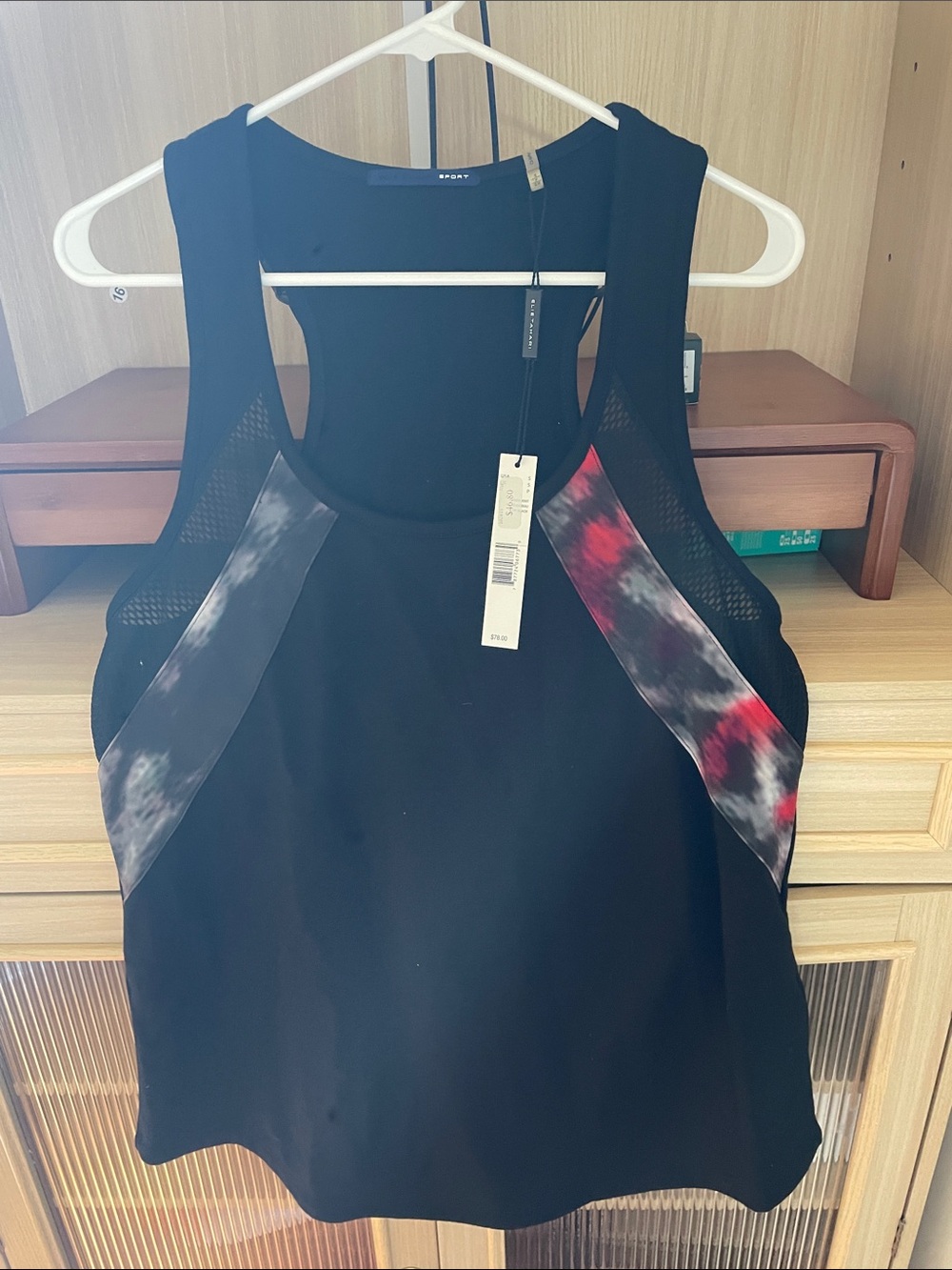 Elie Tahari Black Tank Top with Red and Gray Tie-Dye Panels